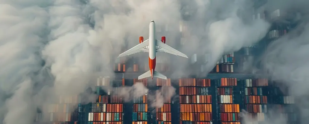 Widok z lotu ptaka na samolot z czerwonymi akcentami przelatujący nad portem wypełnionym kolorowymi kontenerami transportowymi, otoczonym gęstymi, dramatycznymi chmurami.