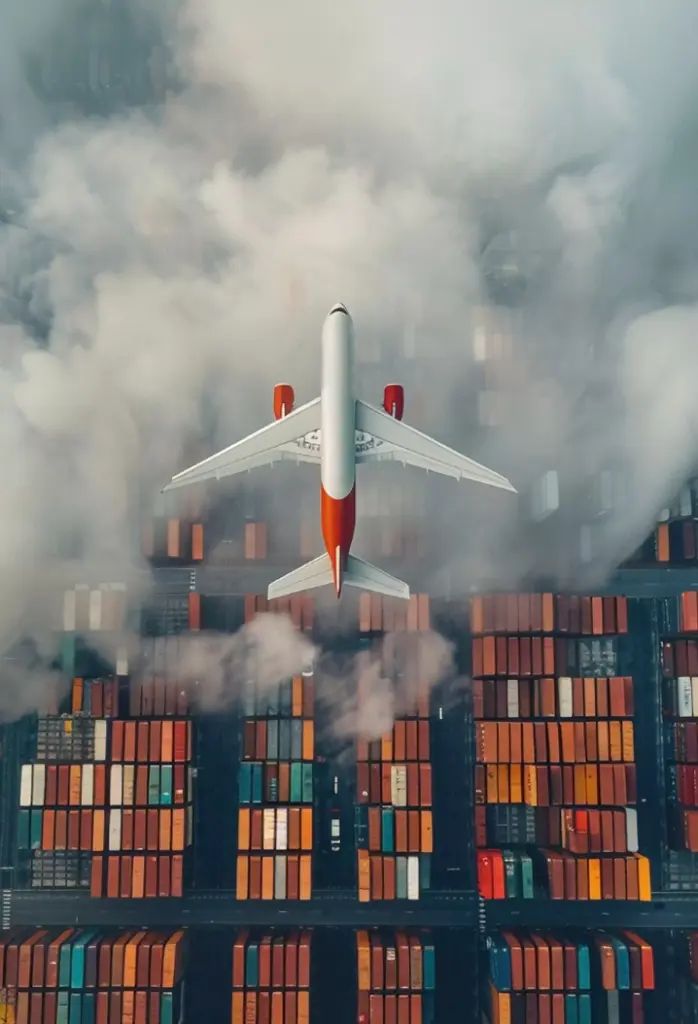 Widok z lotu ptaka na samolot z czerwonymi akcentami przelatujący nad portem wypełnionym kolorowymi kontenerami transportowymi, otoczonym gęstymi, dramatycznymi chmurami.