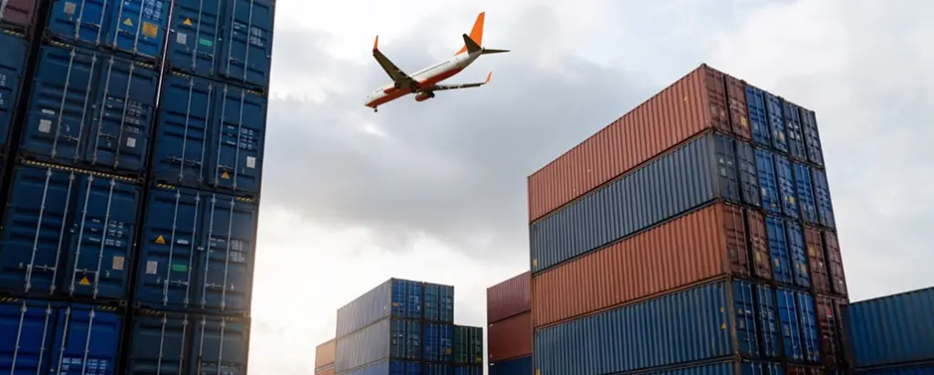 Samolot przelatujący nad wysokimi stosami niebieskich i czerwonych kontenerów transportowych pod zachmurzonym niebem, oddający atmosferę logistyki i globalnego handlu.